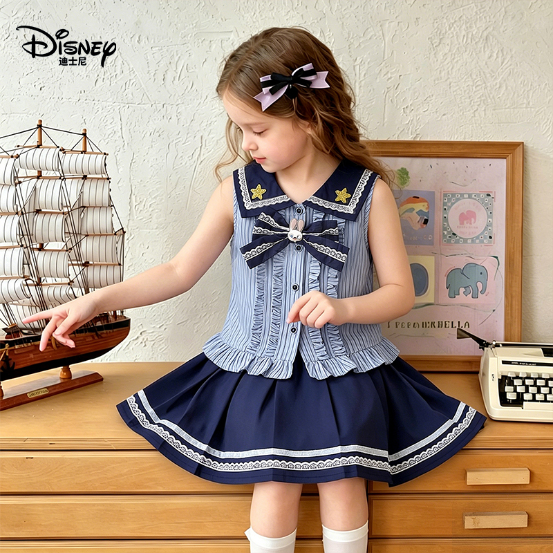 Disney/迪士尼女童学院风套装2026夏季洋气舒适亲肤儿童两件套