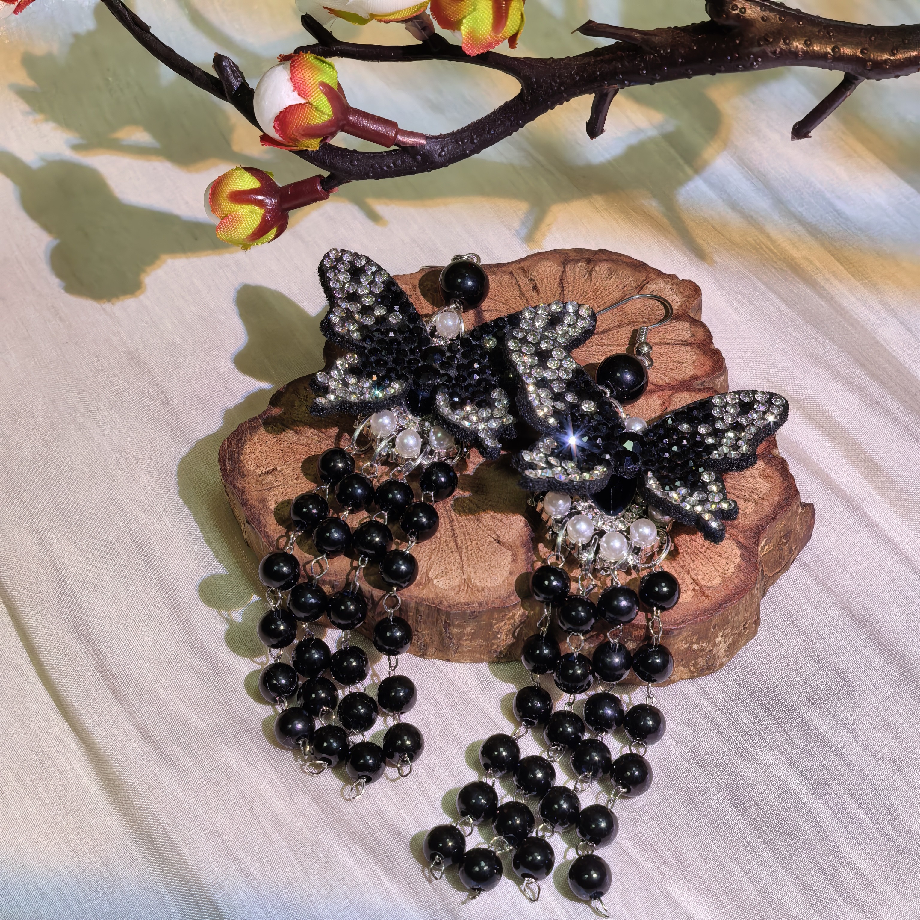 铜合金树脂耳饰 【星落】原创自制新中式国风蝴蝶耳饰耳钉耳环