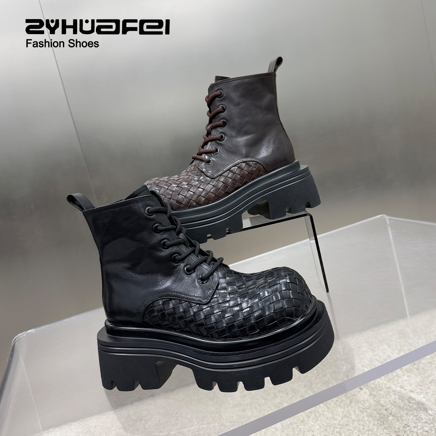 【左右华菲】7cm欧货真皮编织高级感厚底马丁靴女2025秋冬休闲单靴