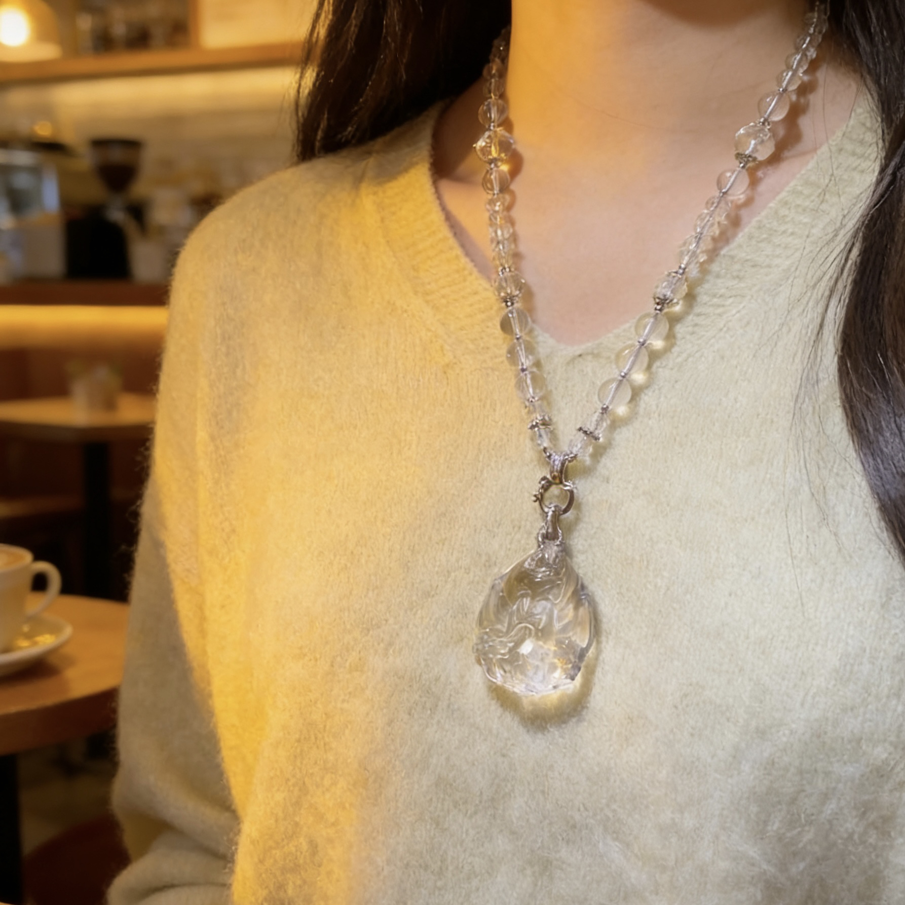 【九尾圣狐】珠链天然白水晶精工雕刻九尾狐凤九吊坠