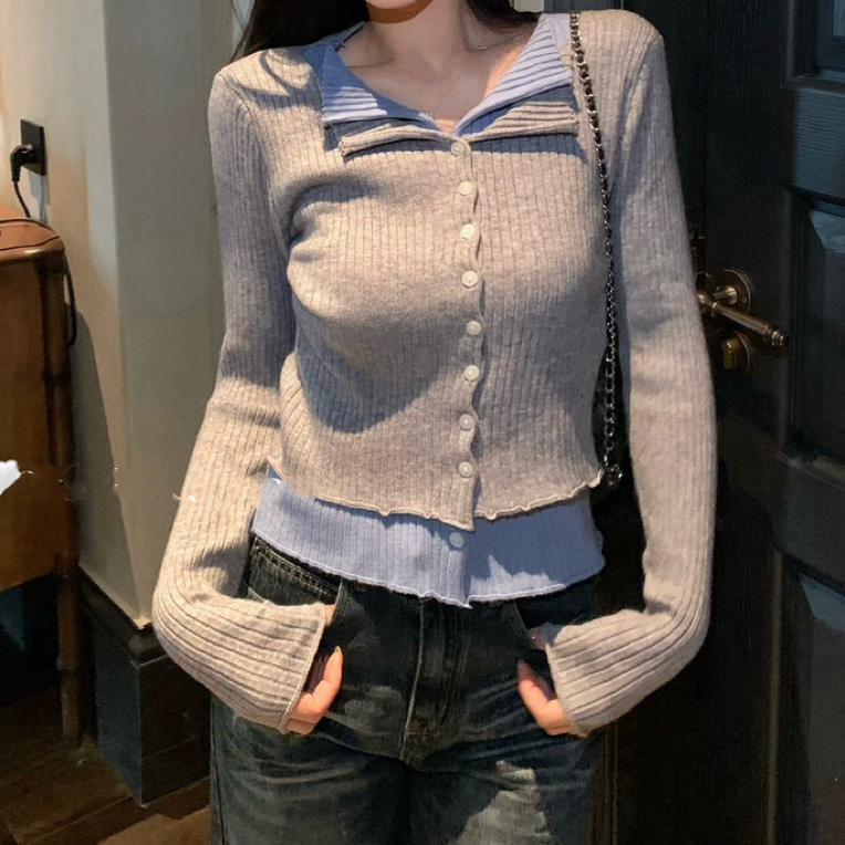 针织短款打底衫毛针织衫修身撞色上衣长袖韩版翻领女