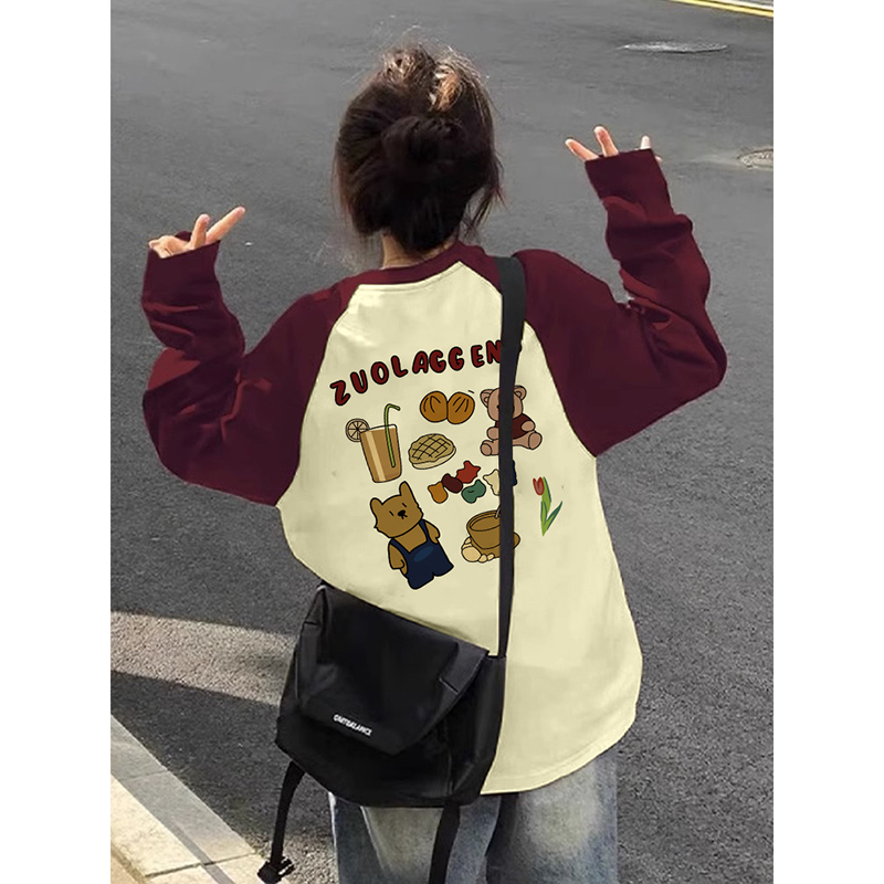 小众宽松撞色插肩袖上衣减龄卡通小熊印花百搭慵懒纯棉长袖T恤女