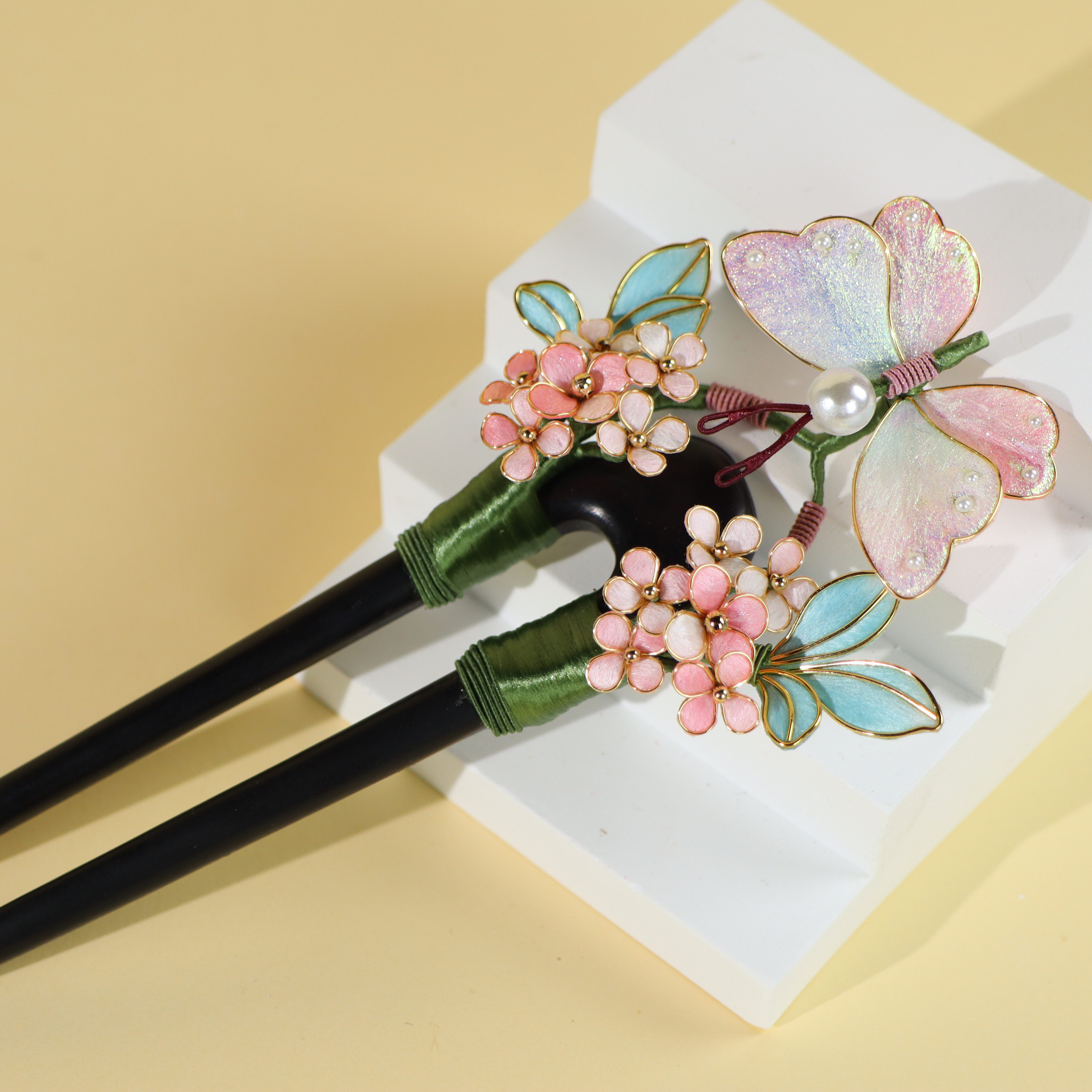 【桃红柳绿】非遗绒花纯手工粉色花发钗