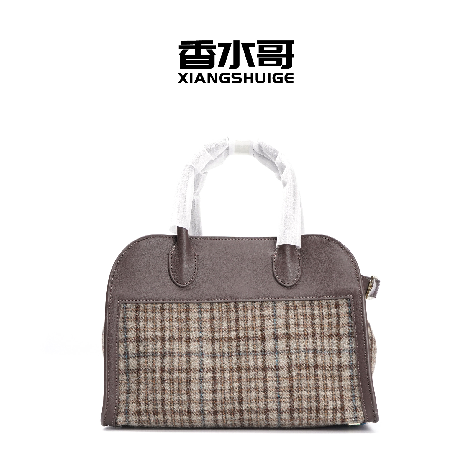 2026春季新品女士格纹撞色牛皮美拉德色系真皮手提托特包