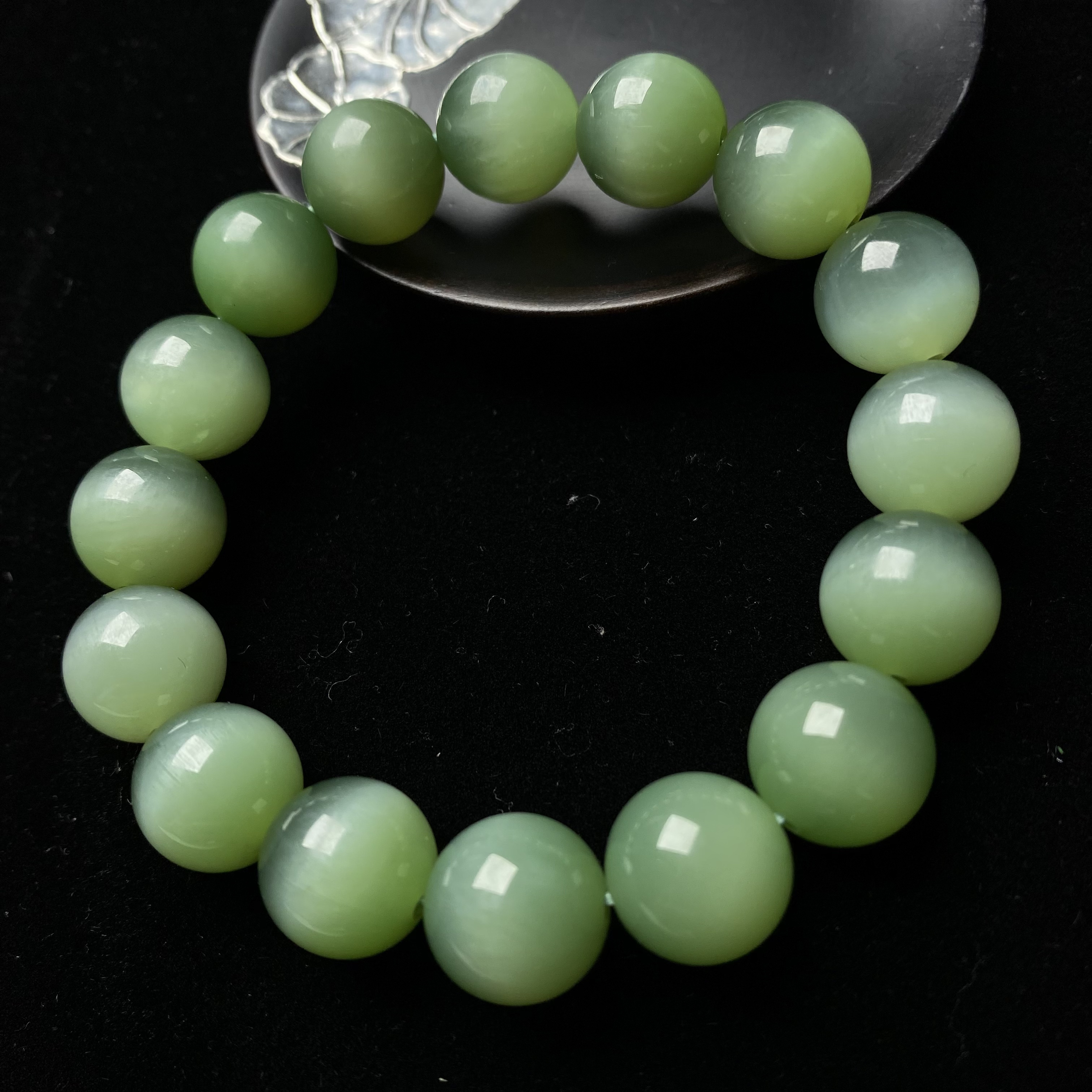 【芳華家】·典藏级·和田碧玉猫眼手串11-12MM单圈