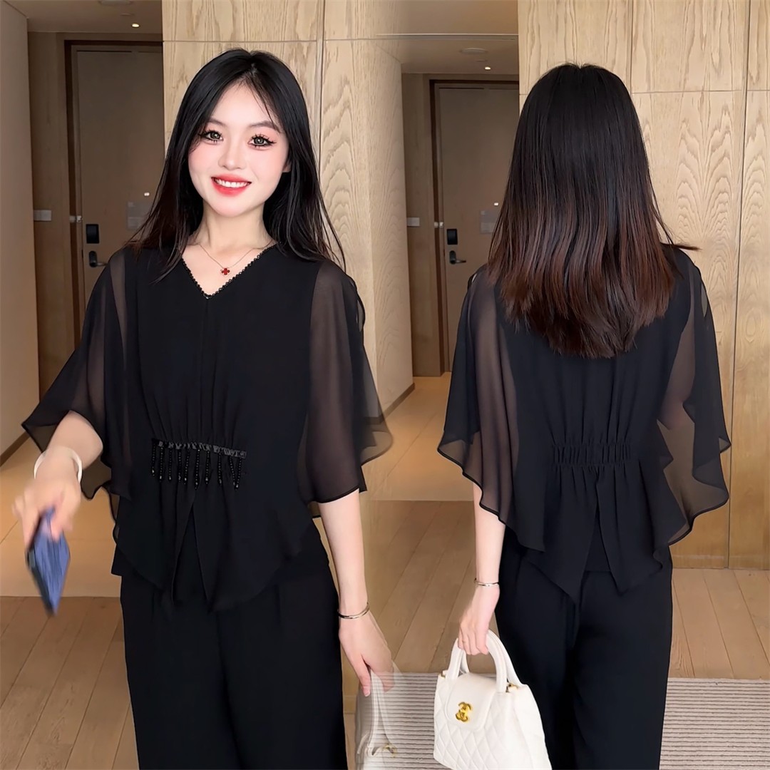 2025夏季显瘦气质洋气高腰时尚休闲夏季短袖轻熟套装黑色垂感