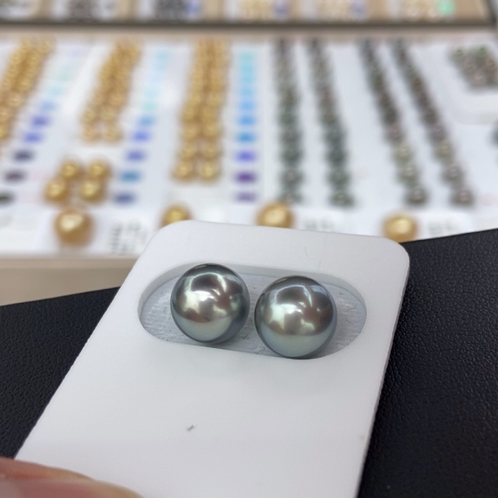 未镶嵌海水珍珠裸珠9-10mm正圆大溪地极光铂金灰对珠