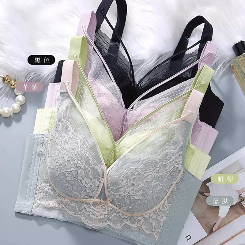 #085剪标1.5无磁女士内衣舒适文胸蕾丝小胸聚拢内置精油杯