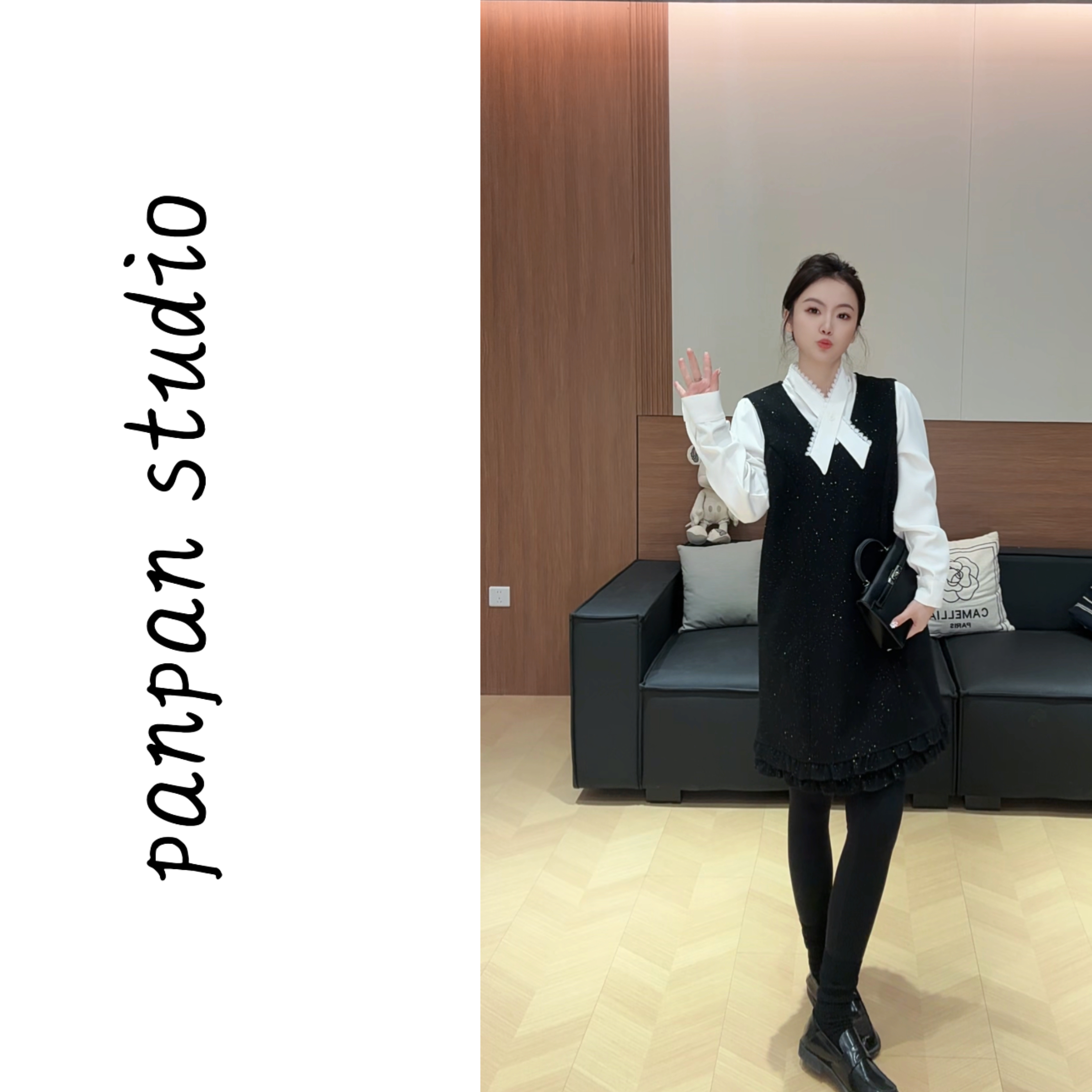 潘潘/2025早春新款交叉领+无袖亮丝背心裙叠搭两件套