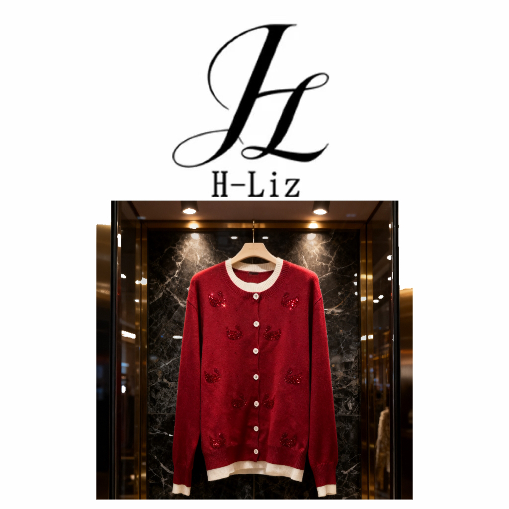 【H-Liz】拼色烫钻字母天鹅重工毛衣M25106M
