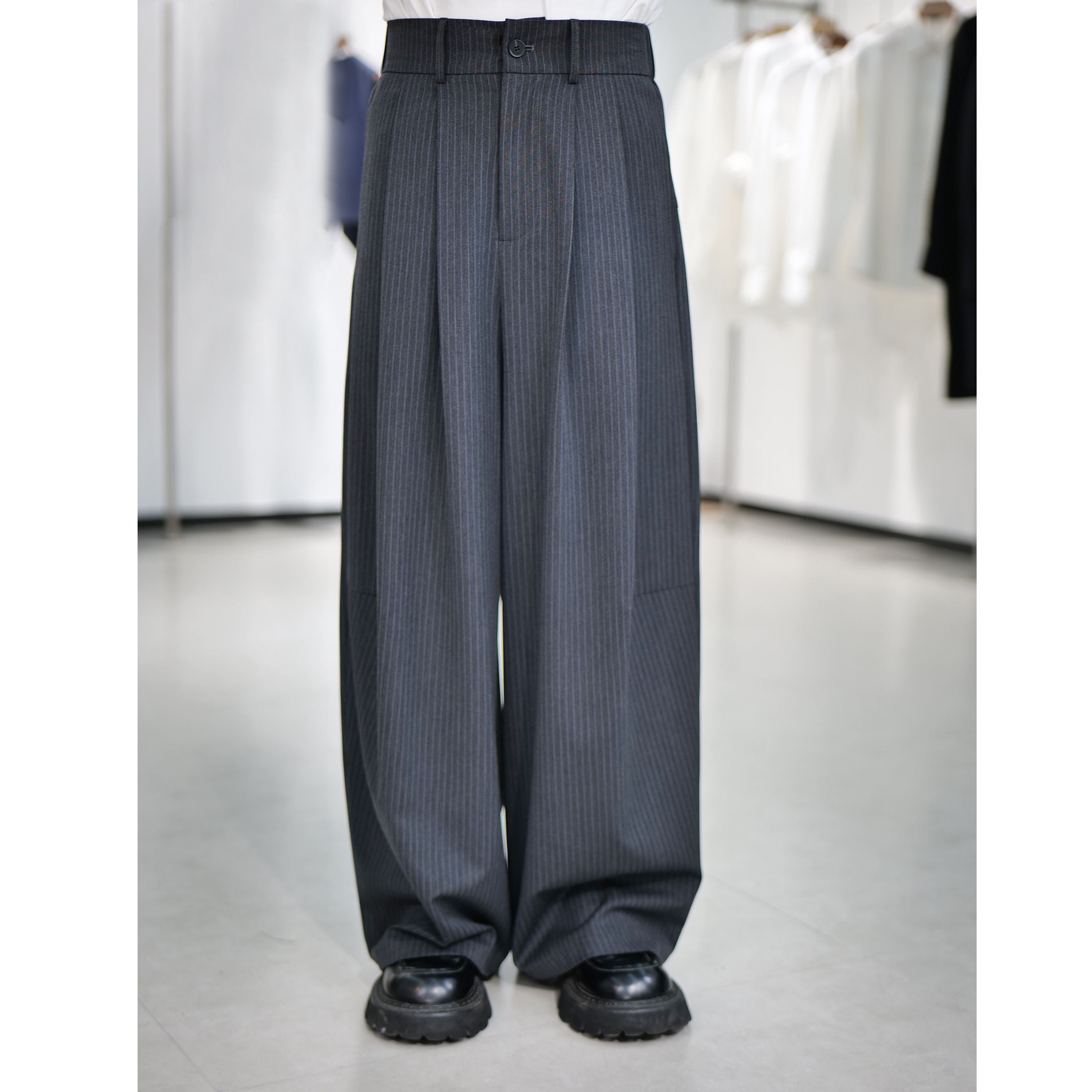 灰条纹色阔腿西裤男女秋款时尚小众宽松气质复古长裤KZ258-3厚