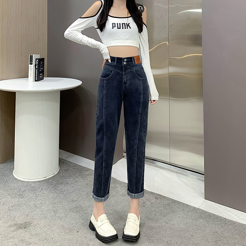 高腰哈伦牛仔裤女2025秋冬新款显瘦遮肉直筒宽松大码萝卜老爹裤女