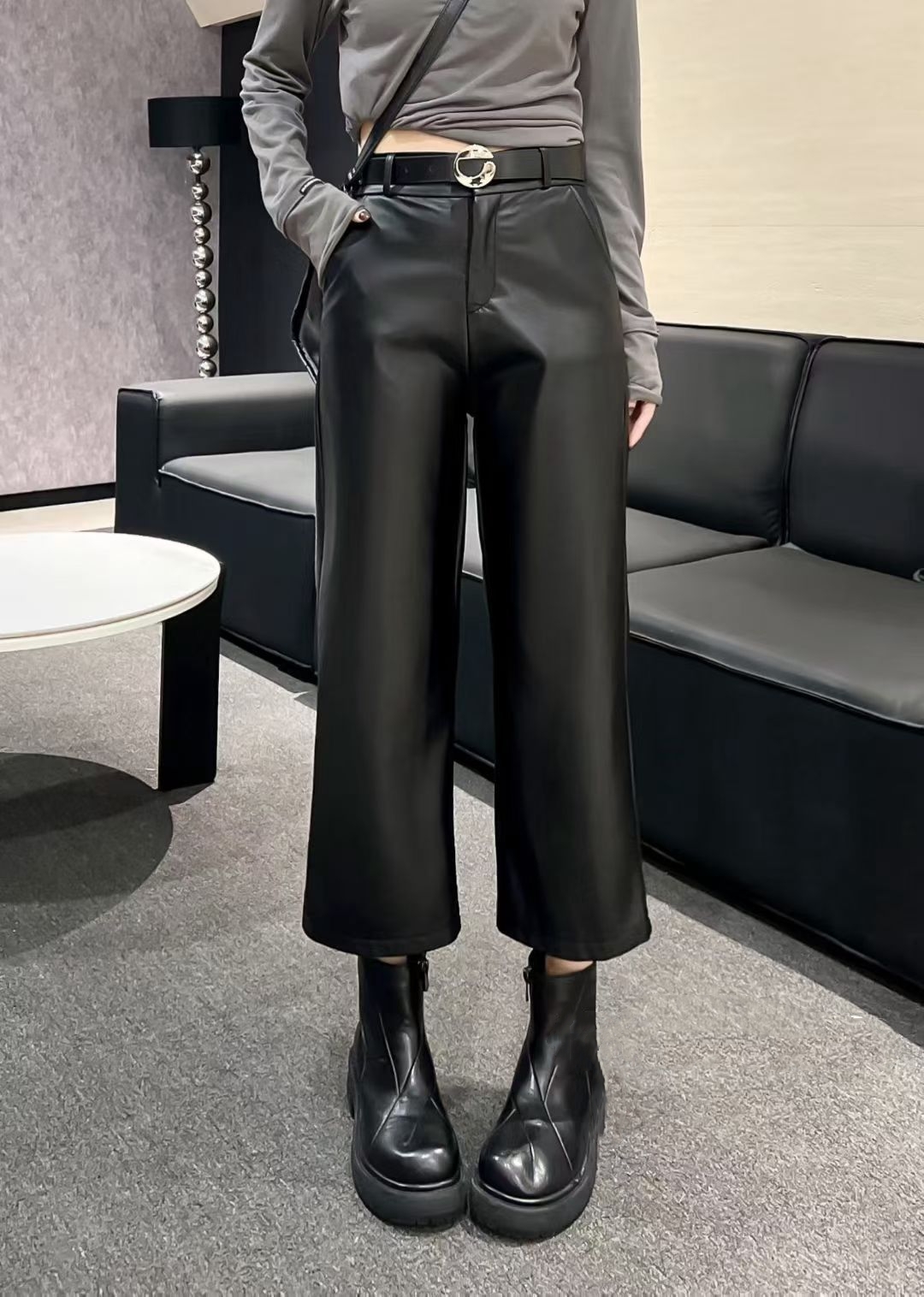 2025新款蛋白皮九分裤加绒加厚款秋冬裤直筒阔腿百搭P裤时尚款