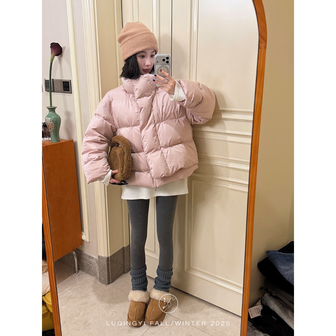 鹭青一原创【含情 】三星90白鸭绒光泽缎感抓结羽绒服L25Y1116L