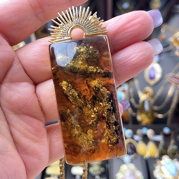 琥珀颈饰银S925镶嵌吊坠