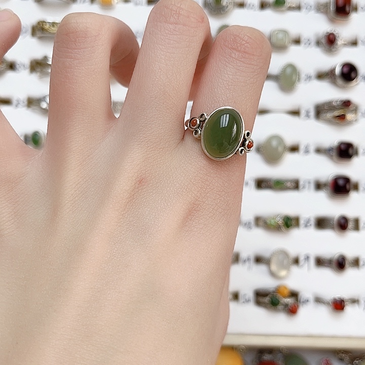 和田玉戒指银S925镶嵌天然