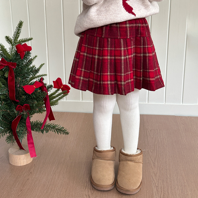 【新款】女童冬节日圣诞新年儿童感毛呢半身裙子格纹百褶短裙24B020