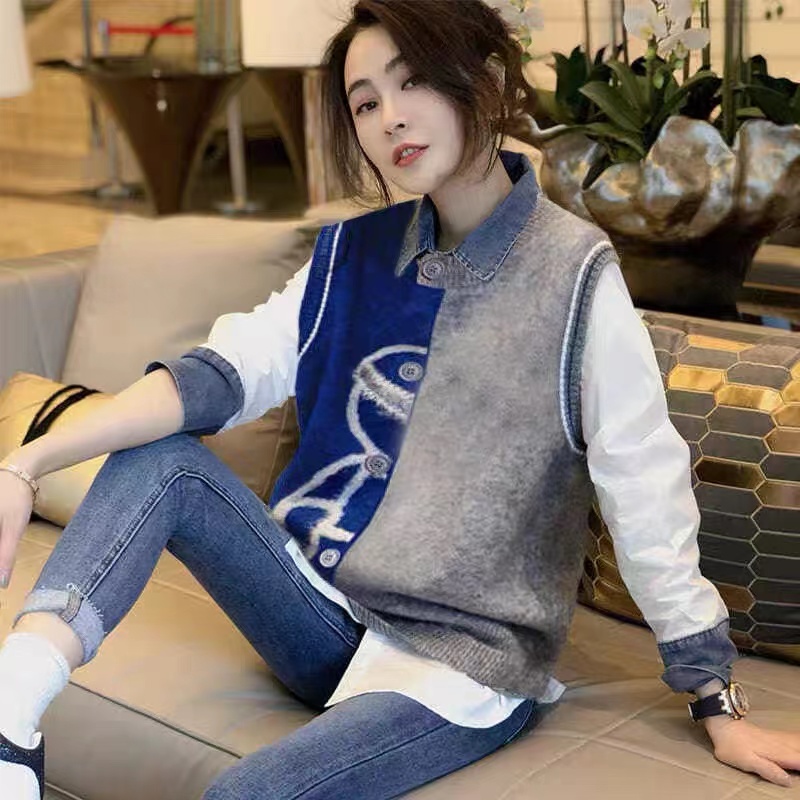 拼色洋气马甲牛仔拼接衬衫套装女春秋季新款韩版休闲时尚两件套