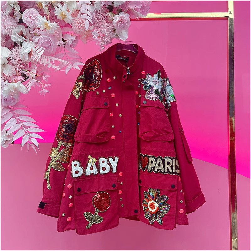 X1022欧美设计师2025早春新款重工钉钻刺绣亮片字母花朵休闲外套