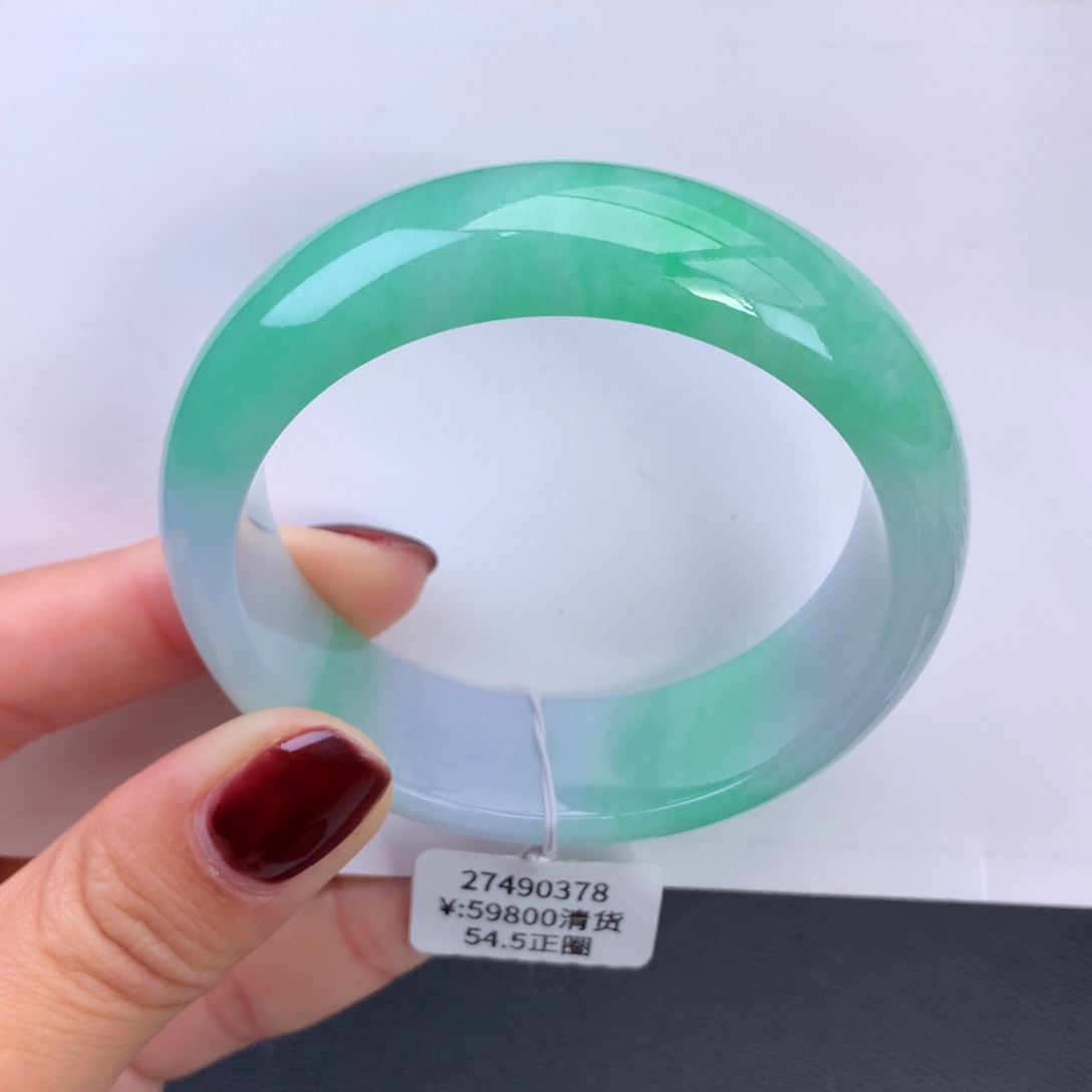 翡翠手镯未镶嵌糯冰白底甜绿轮胎手镯