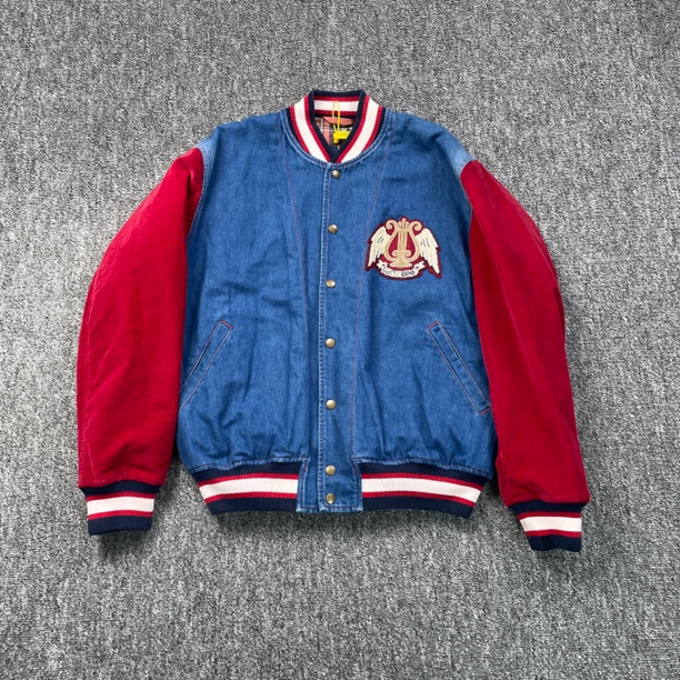 99新 GUCCI/古驰 7968/蓝红拼色拼接阔型纽扣长袖棒球服/50码