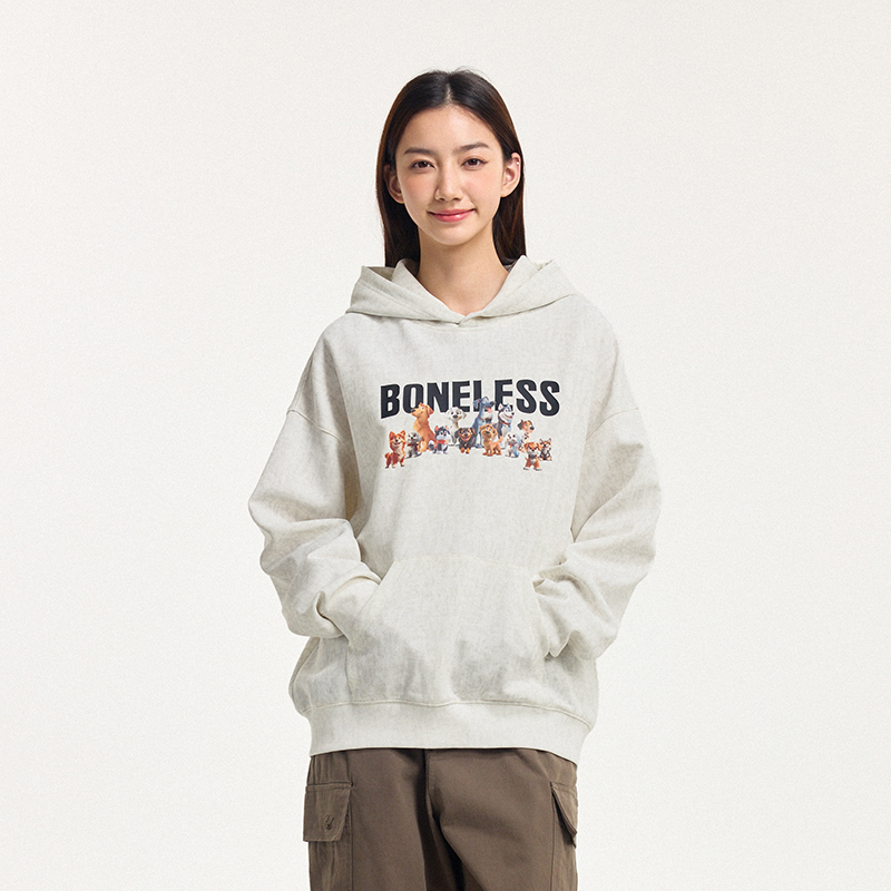 BONELESS春季2025新款狗狗图案洗水做旧撞色卫衣外套男女款连帽衫