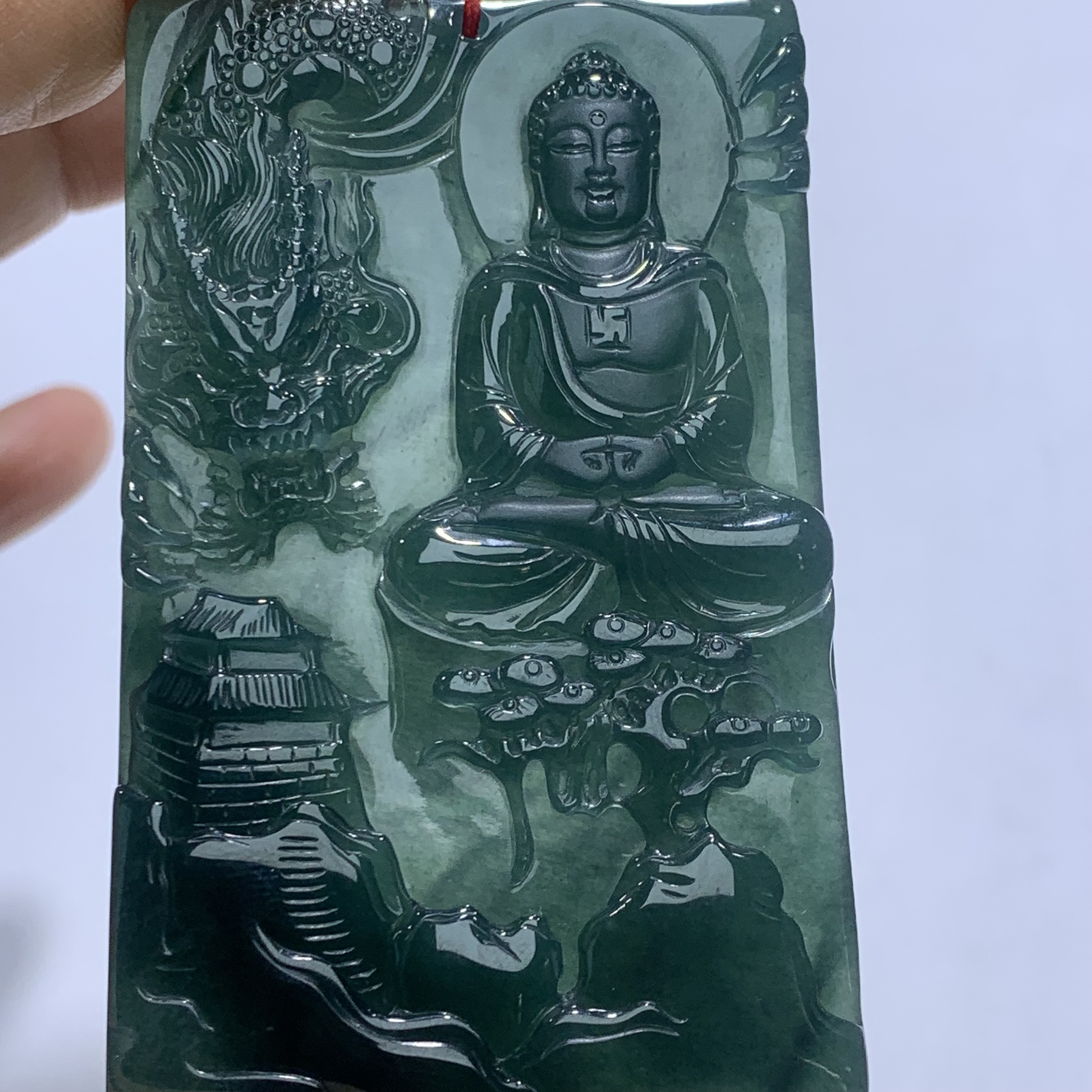 天然翡翠Ａ货危料蓝绿底玉龙山水大日守护吊坠