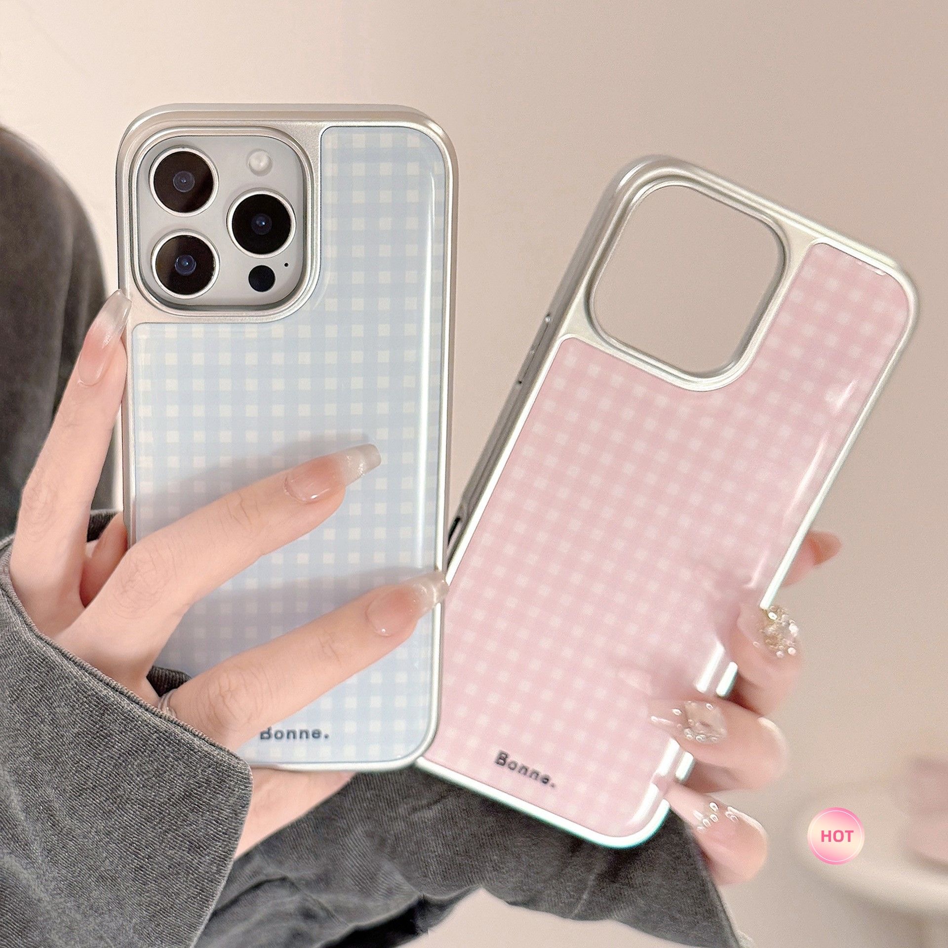 滴胶ins风夏天粉蓝格纹适用苹果17pro手机壳iPhone16全包15防摔13