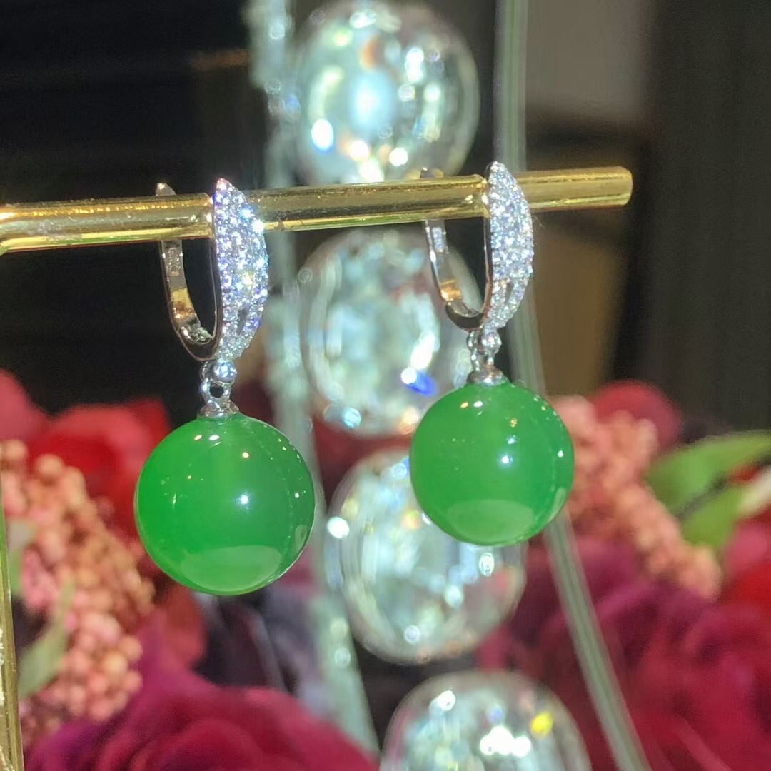 谨玉翠银s925镶嵌小众珠宝天然绿玉髓圆珠耳坠珠径12mm女款耳饰