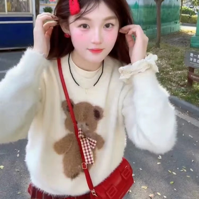 孕妇毛衣杏色水貂绒小熊毛茸茸女冬季蝴蝶结马海毛外穿针织衫上衣