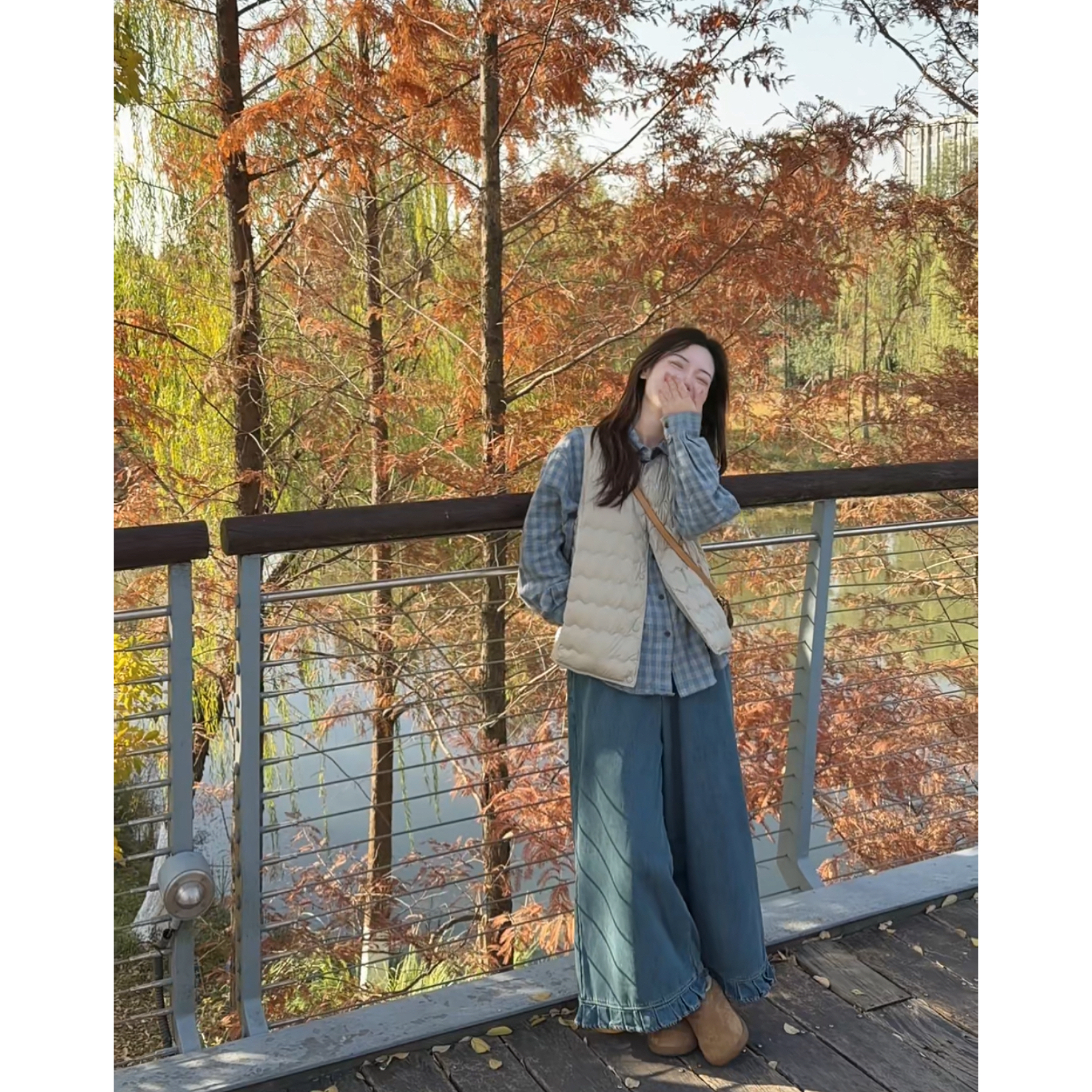 阿虞 花边牛仔｜韩系宽松休闲百搭松紧腰九分花边加绒牛仔裤