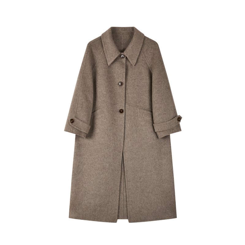 COLOR CILO新款两色绵羊毛翻领袖扣牛角扣大衣长款风衣外套0219