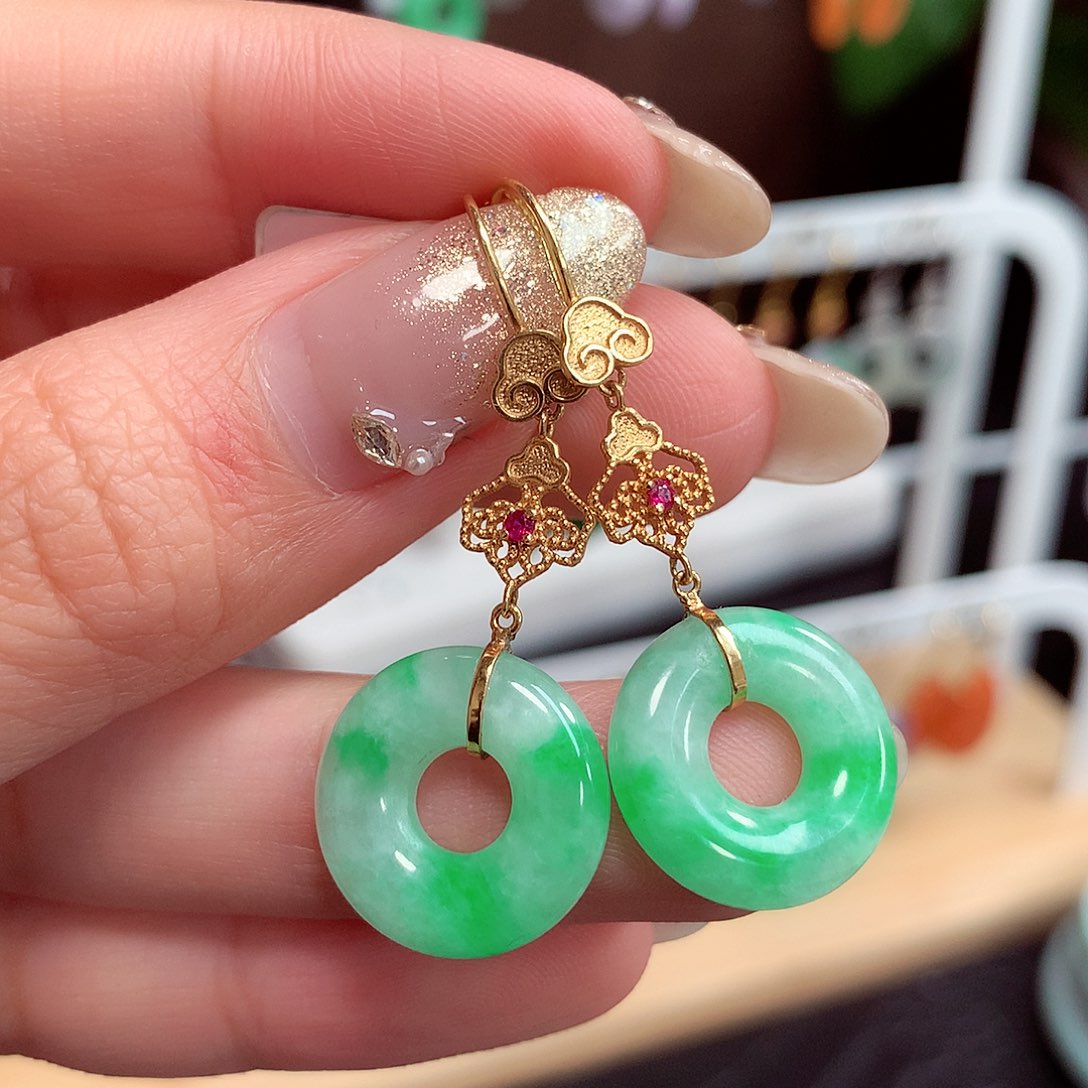 翡翠耳饰18K金镶嵌天然翡翠