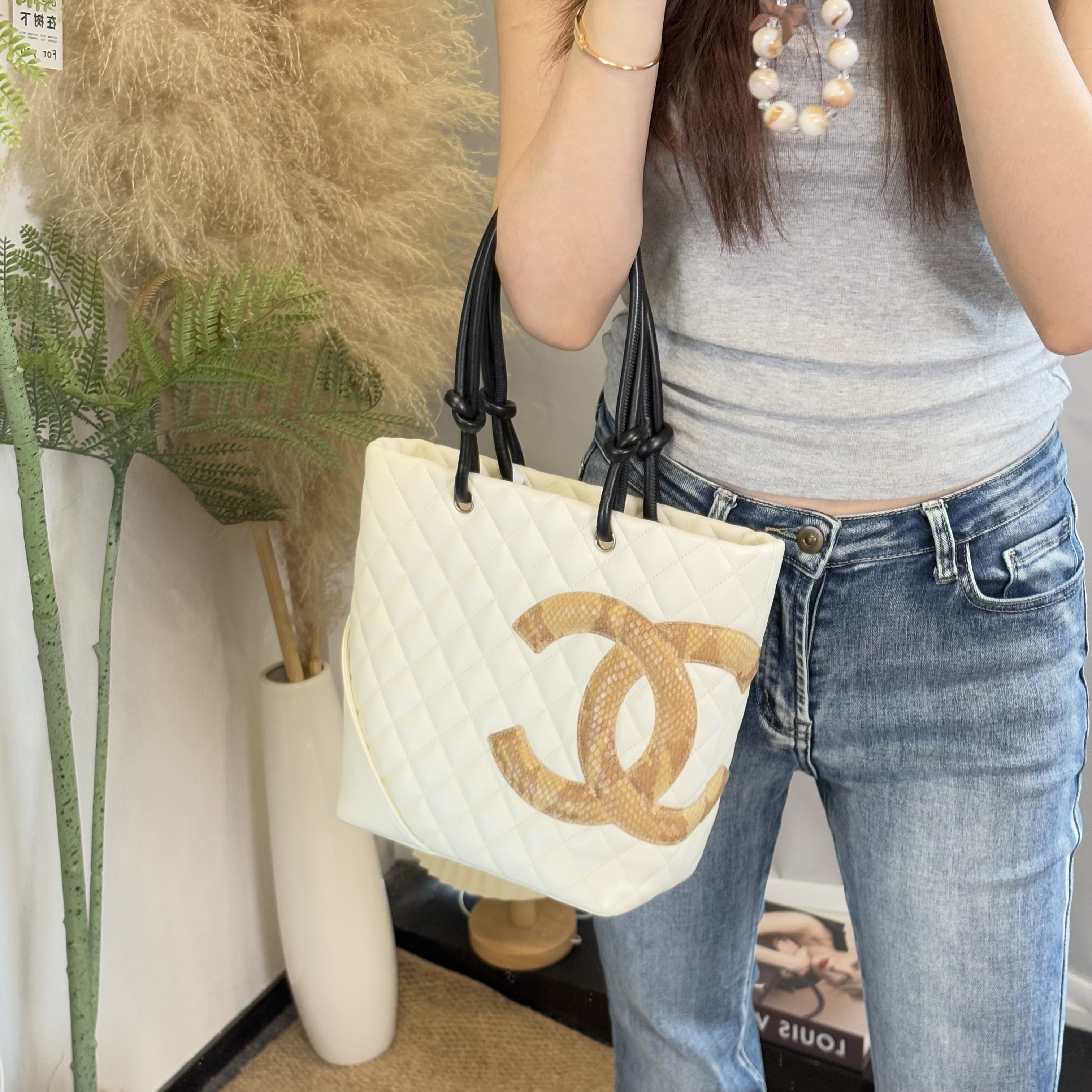 95新 Chanel/香奈儿 拼特殊皮康鹏菜篮子单肩包