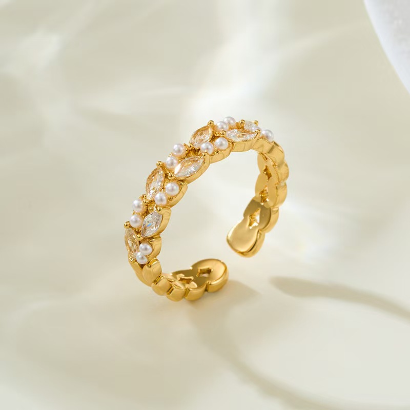 铜合金锆石戒指 【麦浪】轻奢时尚百搭复古小众简约金色戒指