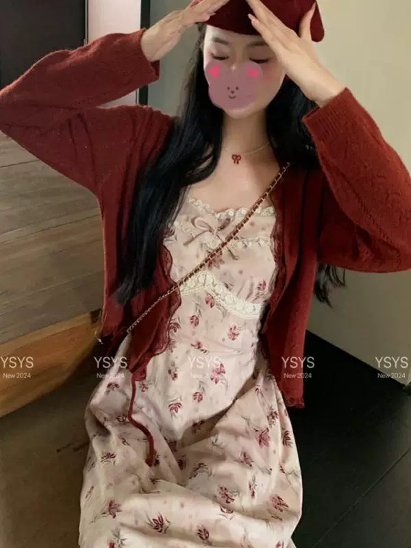 均码法式小花温柔风碎花吊带连衣裙早春早秋收腰甜美