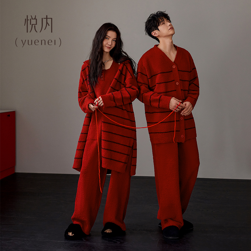 悦内情侣结婚新婚套装睡衣女冬半边绒加厚睡袍家居服男红色本命年