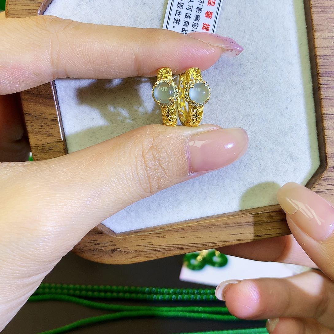 翡翠耳饰银S925镶嵌天然翡翠耳包