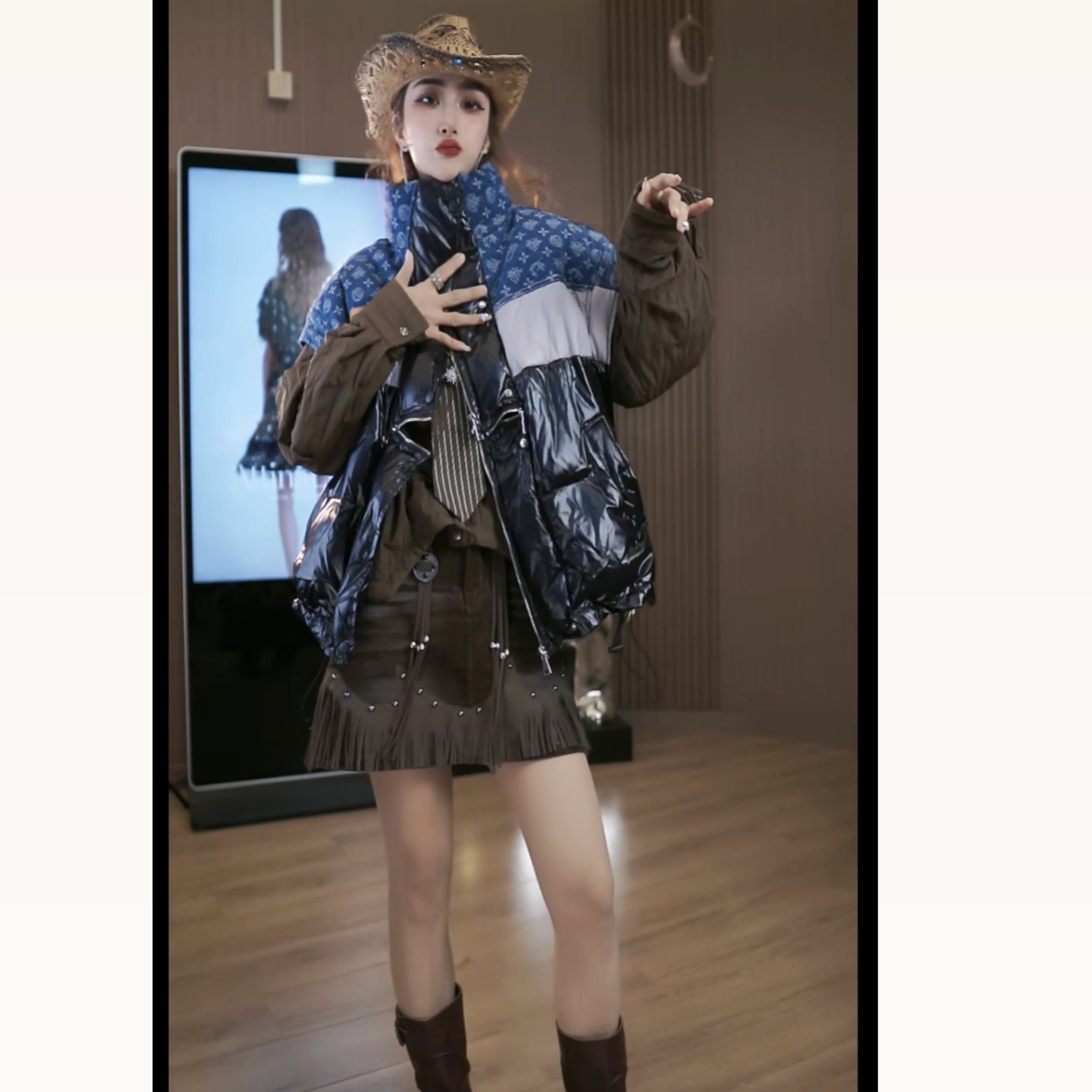 原创设计美式复古老花牛仔磨毛提花马甲25冬