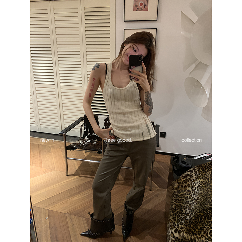 THREE GOOOD/三吉 金属丝蛋白皮弹力直筒修身显瘦皮裤Y725K20299