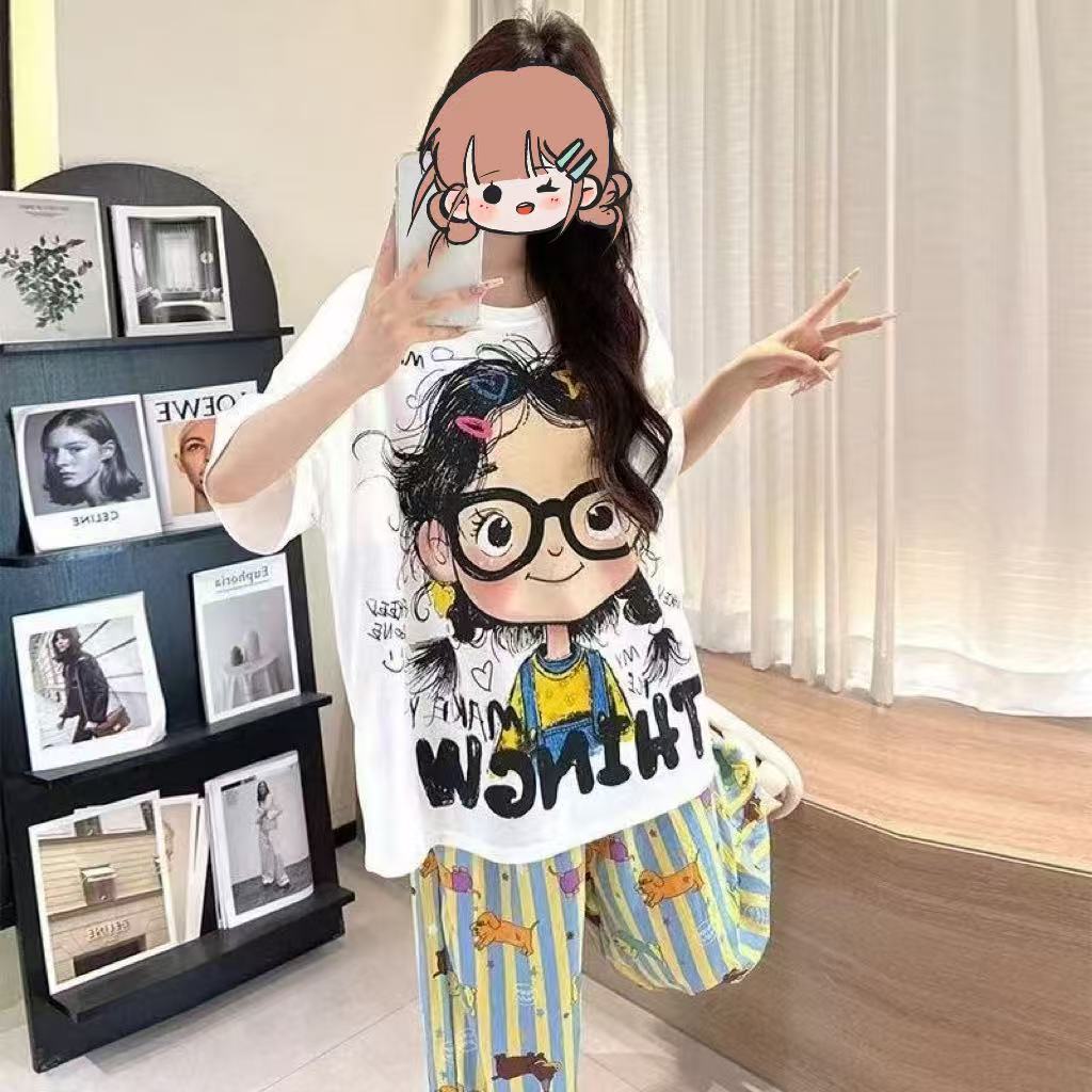 2025云朵棉夏季睡衣女士短袖长裤新款可外穿带胸垫束脚家居服套装