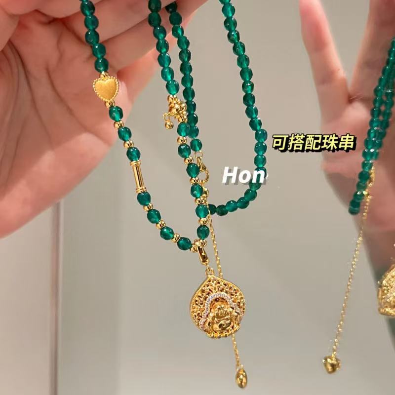 铜合金项链 SQ思岐新中式-弥勒镶锆佛工绿珠项链5601