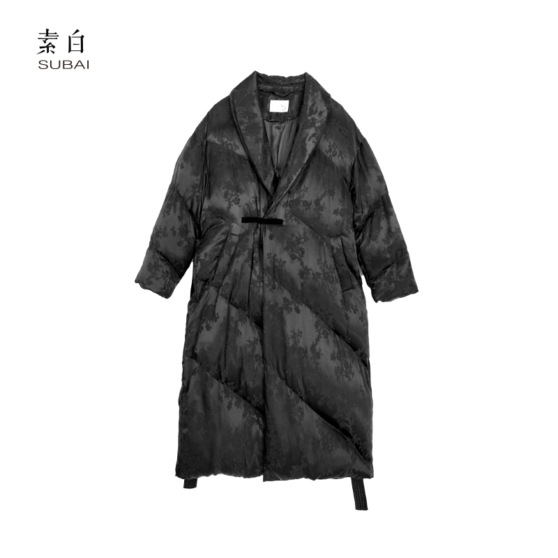 素白冬季鹅绒服【加倍温暖】R01978国风铜氨丝提花盘扣长款保暖外套