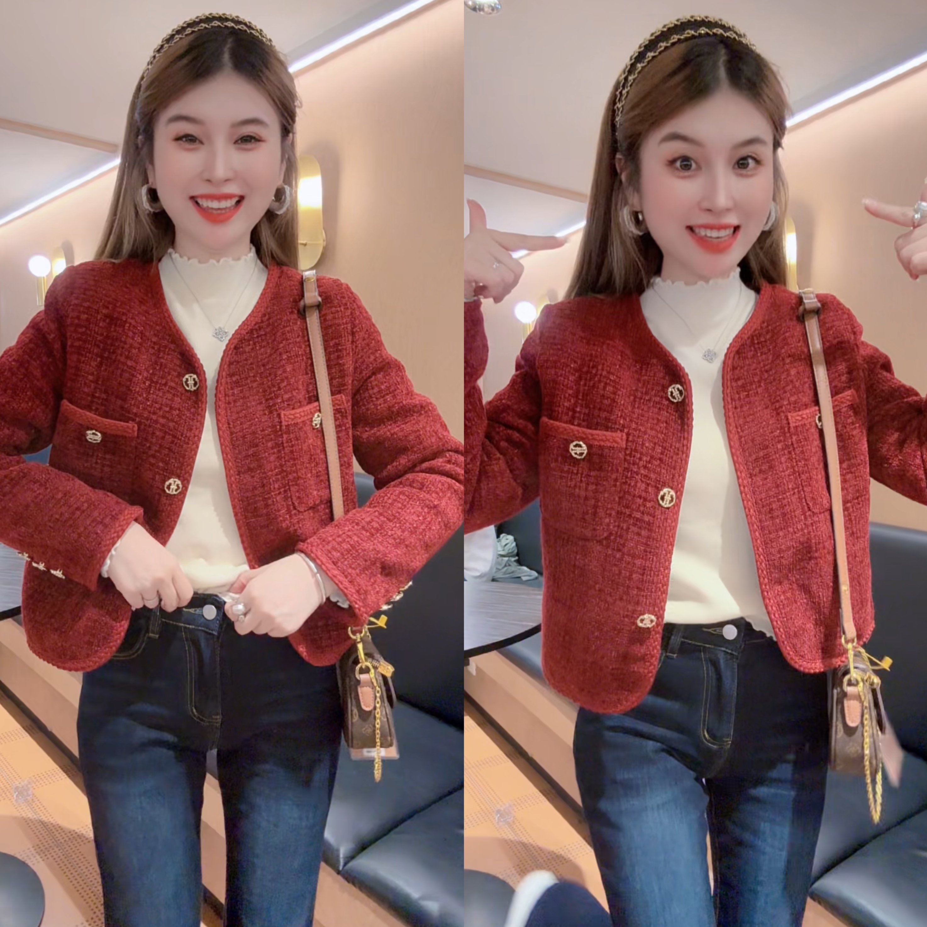 充绒加厚酒红色短款小香风外套女2025秋冬季新款加厚小个子上衣