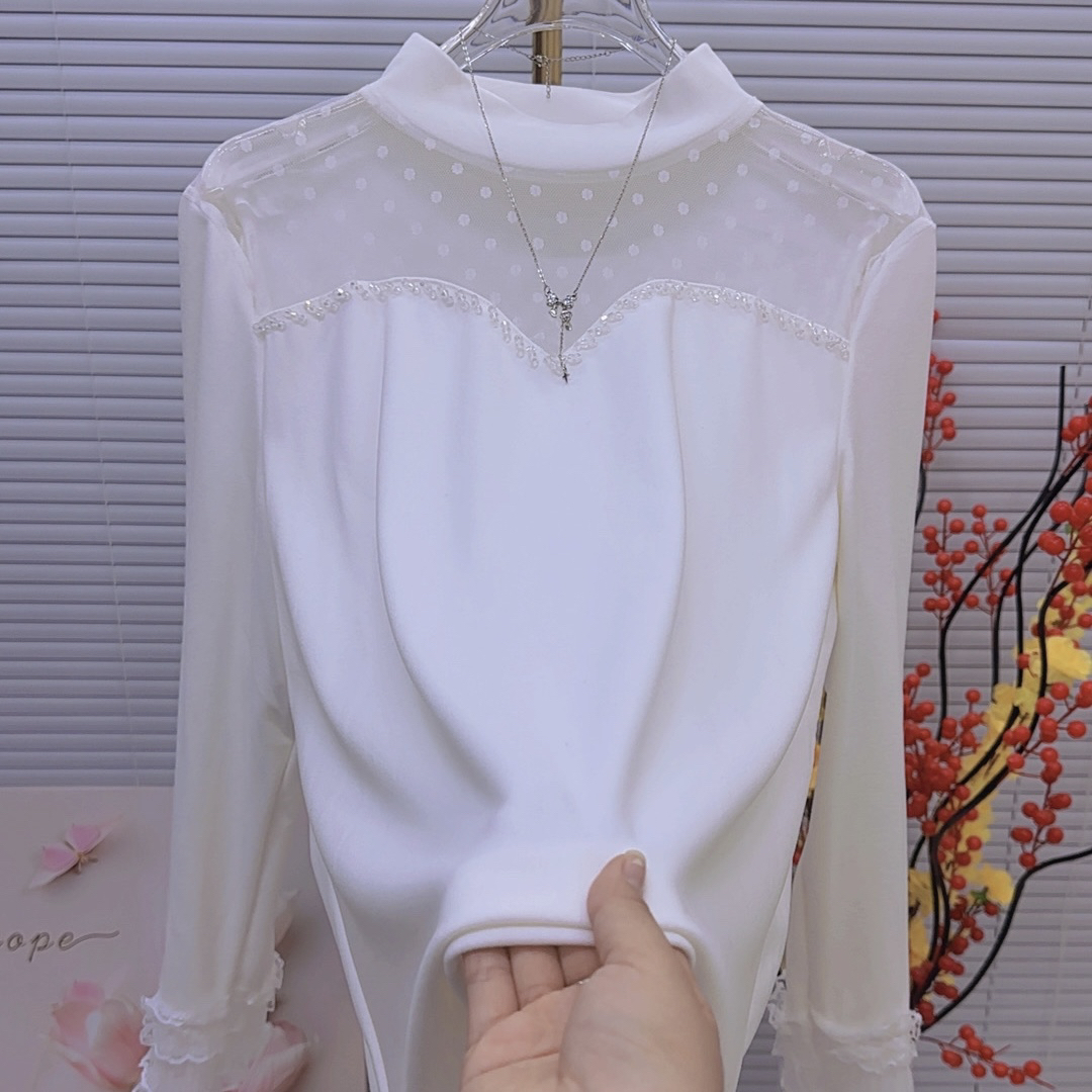 2025新款磨毛33556蕾丝拼接长袖钉钻打底气质洋气时尚百搭女装