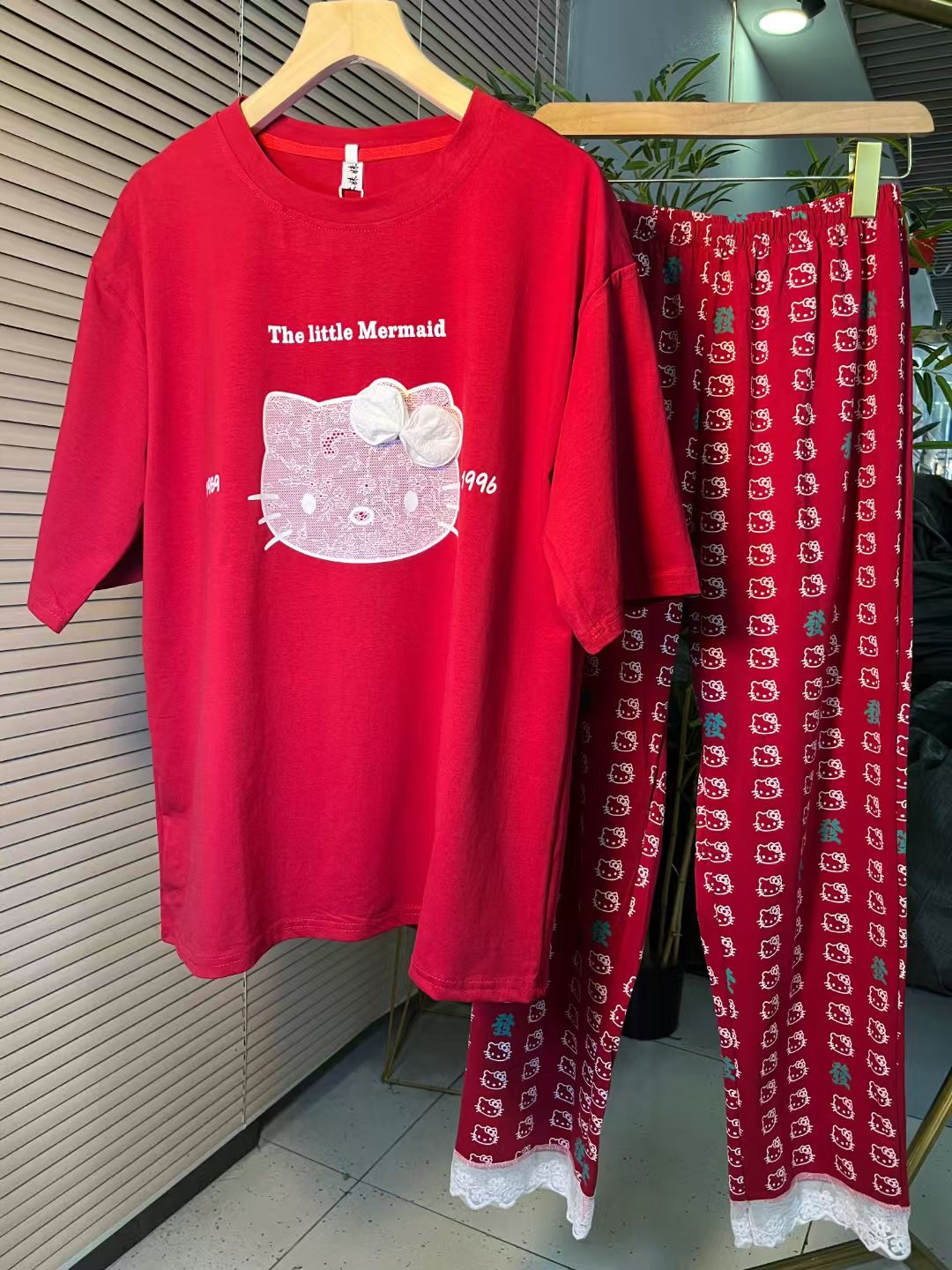 爆款网红韩版卡通猫咪睡衣女新款短袖圆领宽松长裤大码外穿家居服