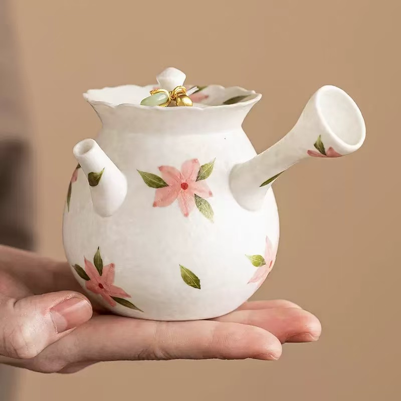 岩矿白樱花侧把壶高档精致防烫手泡茶壶单壶家用陶瓷茶壶功夫茶具