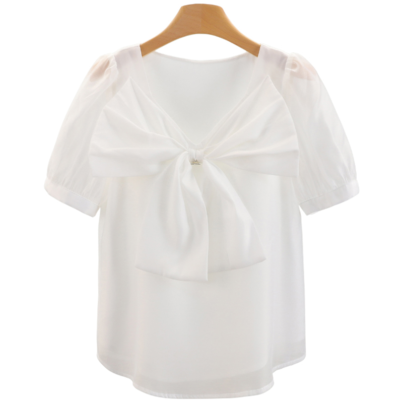 F999-【郁】仙气风蝴蝶结短袖V领白色雪纺衫#XYX56S012