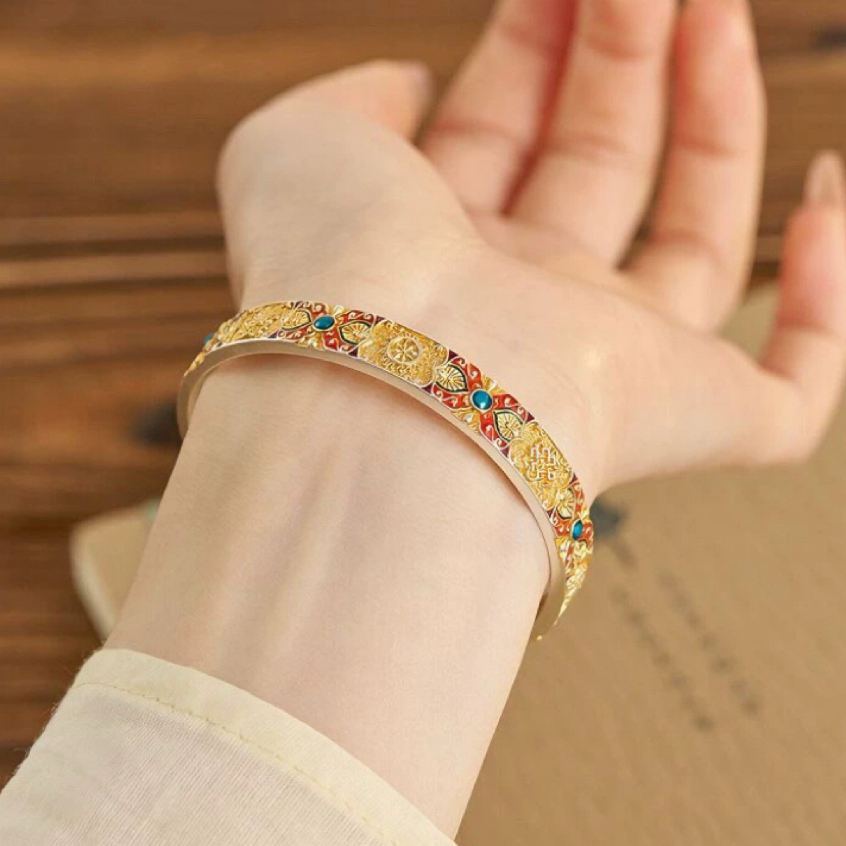 足银手镯 国风银手镯999.9纯银珐琅描金吉言八宝银镯子女国潮实心
