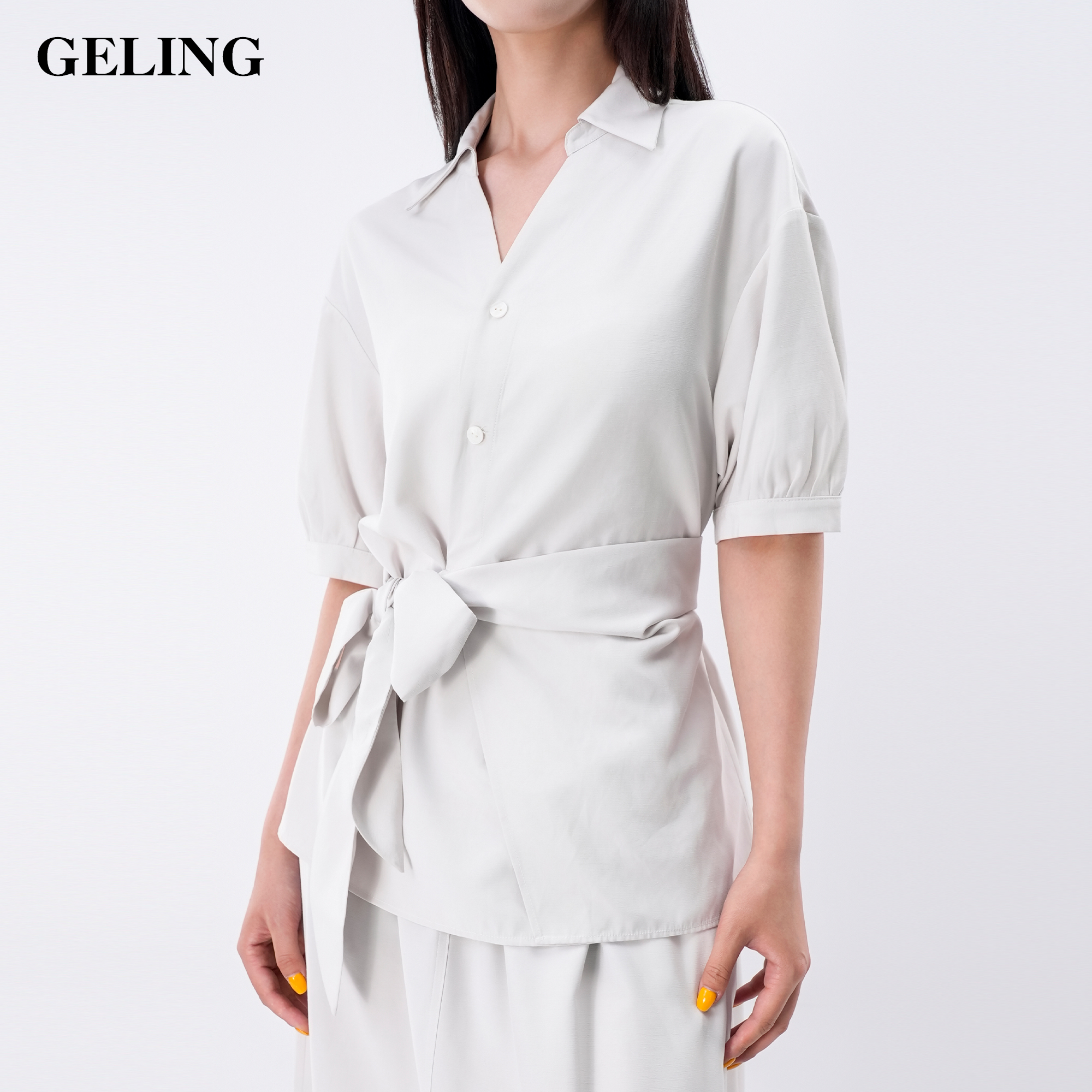 GELING/歌&玲泡泡袖夏季短袖收腰显瘦亚麻衬衫V领通勤女装轻职风
